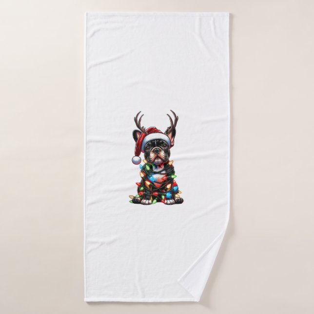 Funny French Bulldog Christmas Santa Hat Light Rei Bath Towel (Bath Towel)
