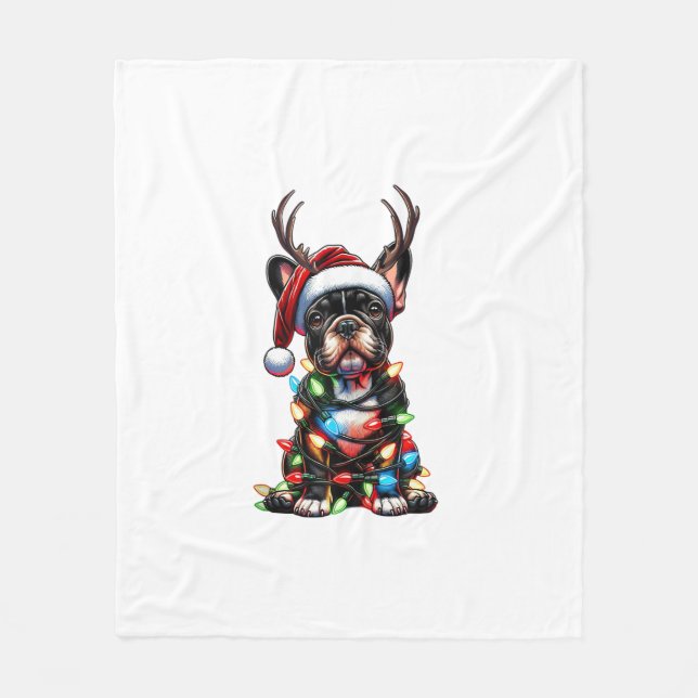Funny French Bulldog Christmas Santa Hat Light Rei Fleece Blanket (Front)