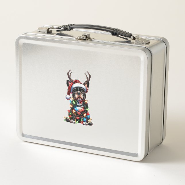 Funny French Bulldog Christmas Santa Hat Light Rei Metal Lunch Box (Front)