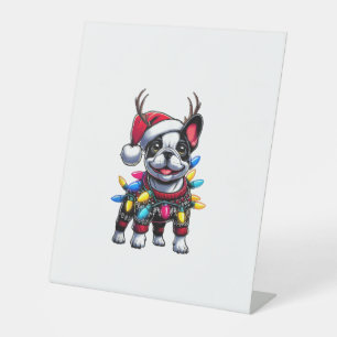 Funny French Bulldog Christmas Santa Hat Light Rei Pedestal Sign