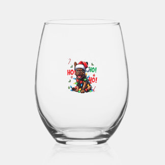 Funny French Bulldog Christmas Santa Hat Lights HO Stemless Wine Glass