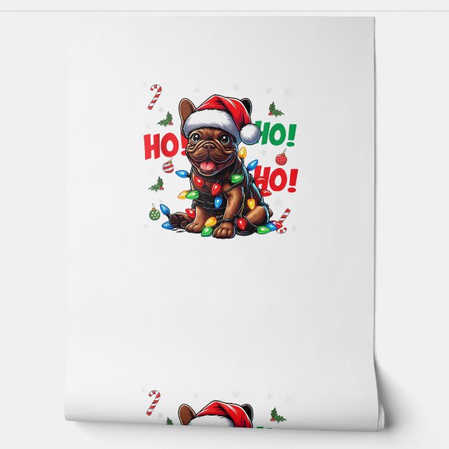 Funny French Bulldog Christmas Santa Hat Lights HO Wallpaper (Unrolling)