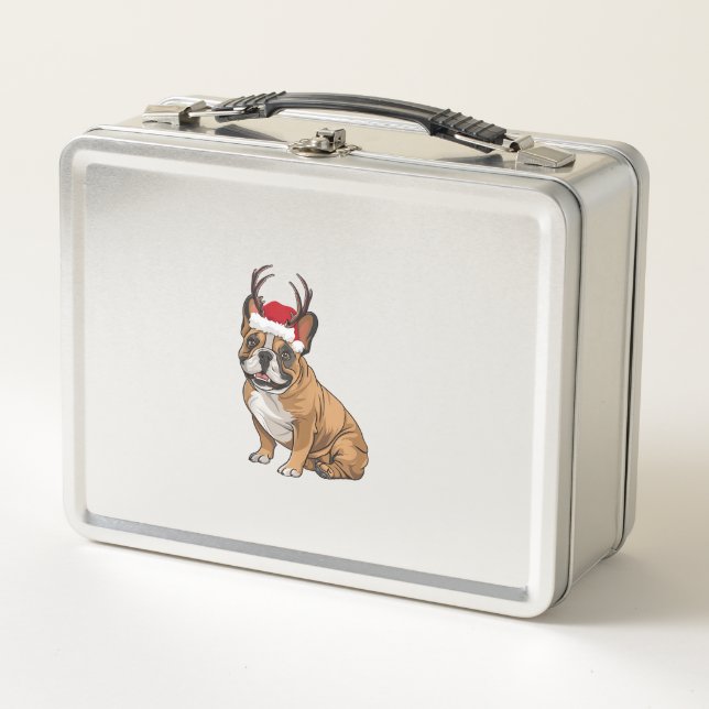 Funny French Bulldog Christmas Santa Hat Reindeer  Metal Lunch Box (Front)