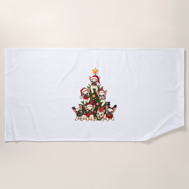 Funny French Bulldog Christmas Tree Snowflakes San Beach Towel (Front)