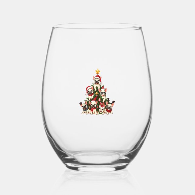 Funny French Bulldog Christmas Tree Snowflakes San Stemless Wine Glass (Front)