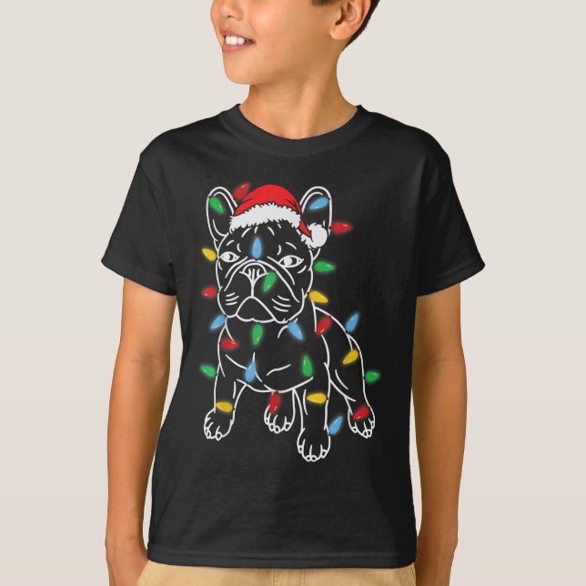 Funny French Bulldog Dog Christmas Light Tree Xmas T-Shirt (Front)