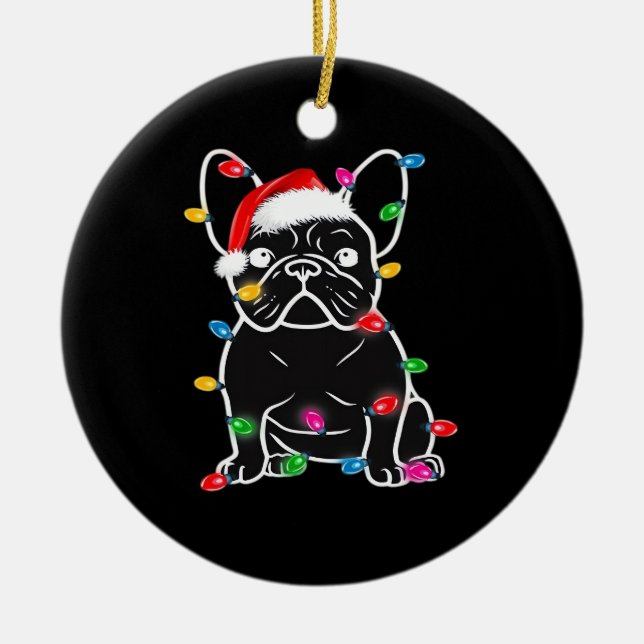 Funny French Bulldog Dog Tree Christmas Lights Xma Ceramic Ornament (Front)