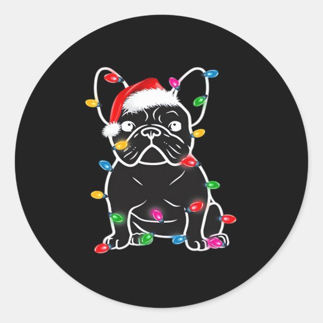 Funny French Bulldog Dog Tree Christmas Lights Xma Classic Round Sticker (Front)