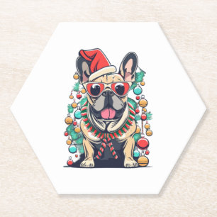 Funny French Bulldog Dog Tree Christmas Lights Xma Paper Coaster