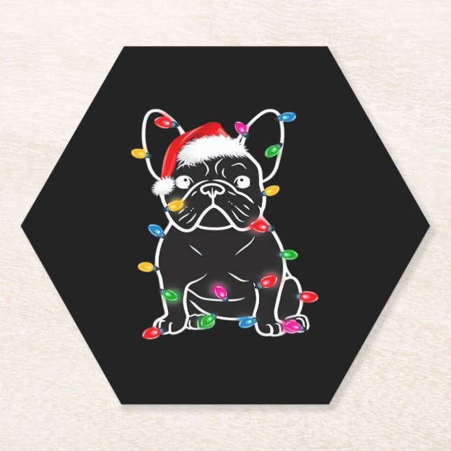 Funny French Bulldog Dog Tree Christmas Lights Xma Paper Coaster (Front)