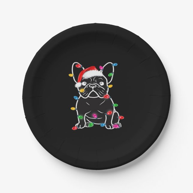 Funny French Bulldog Dog Tree Christmas Lights Xma Paper Plate (Front)