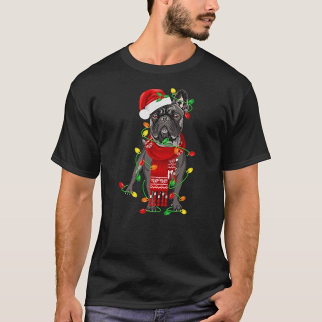Funny French Bulldog Dog Tree Christmas Lights Xma T-Shirt (Front)