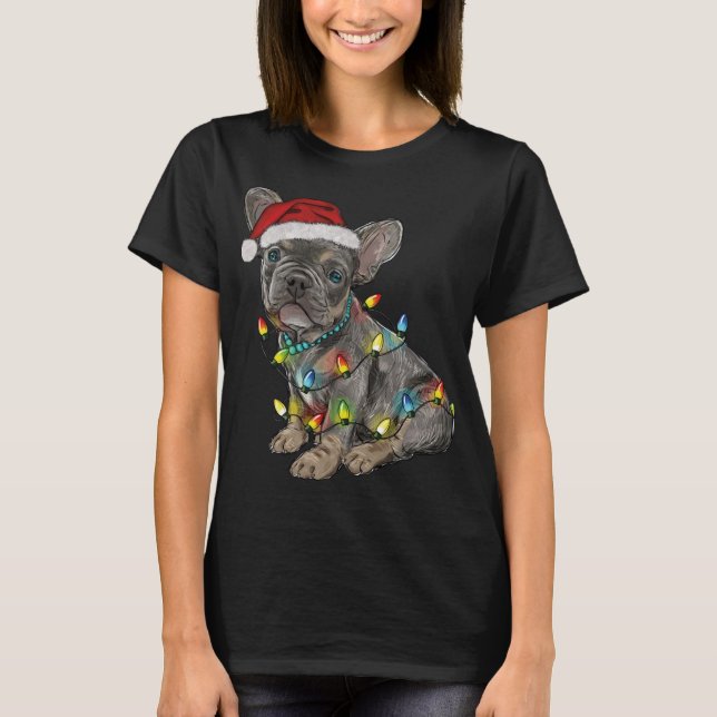 Funny French Bulldog Dog Tree Christmas Lights Xma T-Shirt (Front)