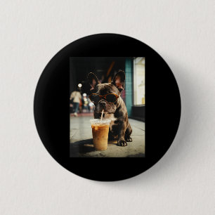 Funny french bulldog drinking iced coffee cool dog 6 cm round badge