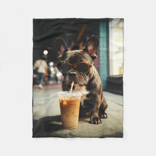 Funny french bulldog drinking iced coffee cool dog fleece blanket