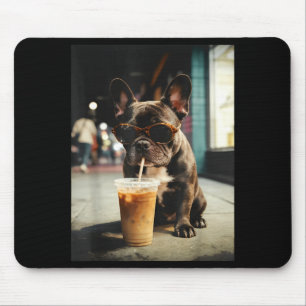 Funny french bulldog drinking iced coffee cool dog mouse pad