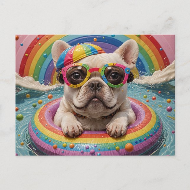 Funny French Bulldog Floating Colourful Postcard (Front)