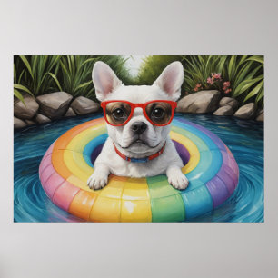 Funny French Bulldog Floating in a Pond Poster