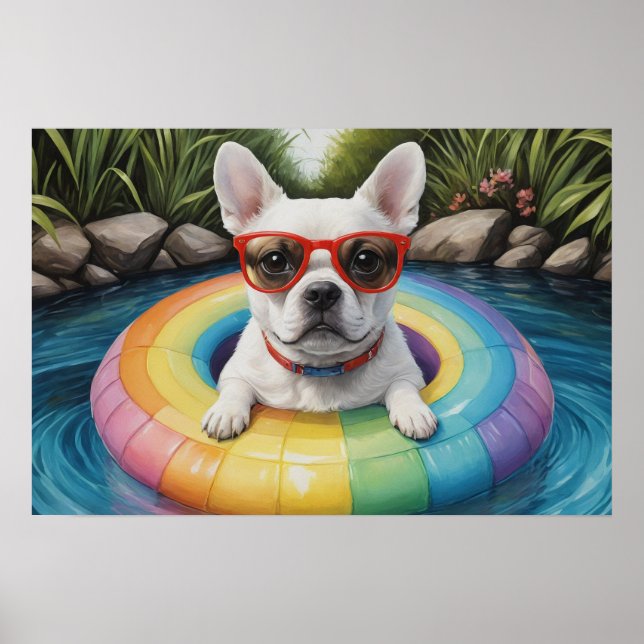 Funny French Bulldog Floating in a Pond Poster (Front)