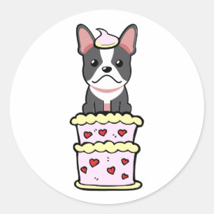 Funny french bulldog jumping out of a cake classic round sticker