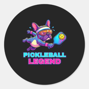 Funny french bulldog playing pickleball court classic round sticker