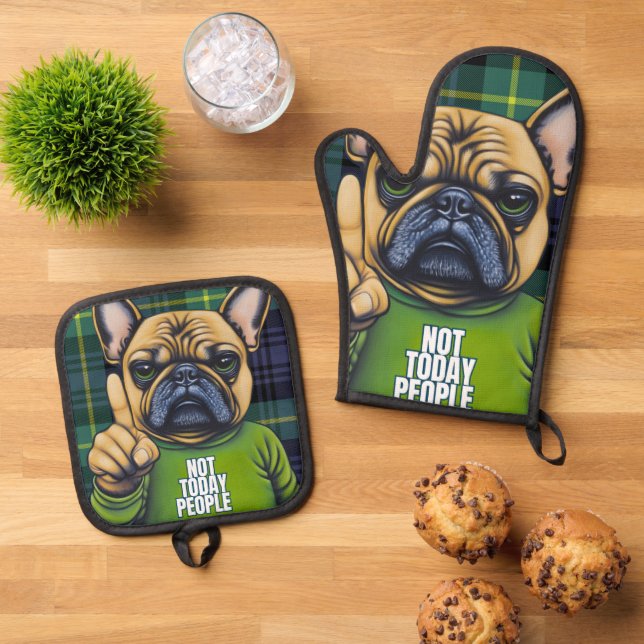 Funny French Bulldog Stylish Plaid for Dog Lovers Oven Mitt & Pot Holder Set (Top Down)