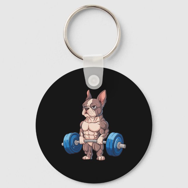 Funny French Bulldog Weightlifting Bodybuilding Gy Key Ring (Front)