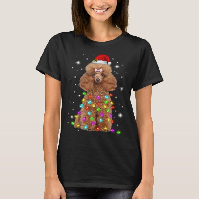 Funny French Poodle Dog Santa Hat Christmas Lights T-Shirt (Front)