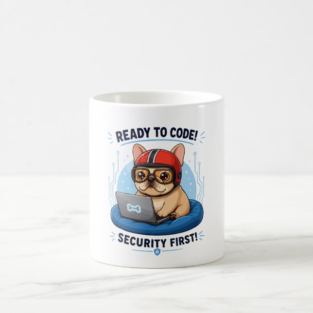 Funny Frenchie Coder Cybersecurity Dog Sticker Coffee Mug (Center)