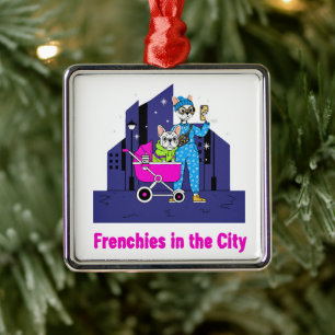 Funny Frenchies in the City Cute Cartoon French Metal Ornament