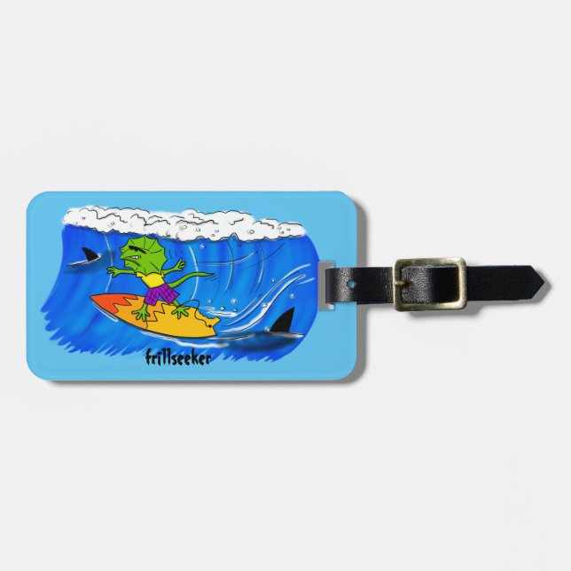 Funny frill neck lizard surfing luggage tag. tag (Front Horizontal)
