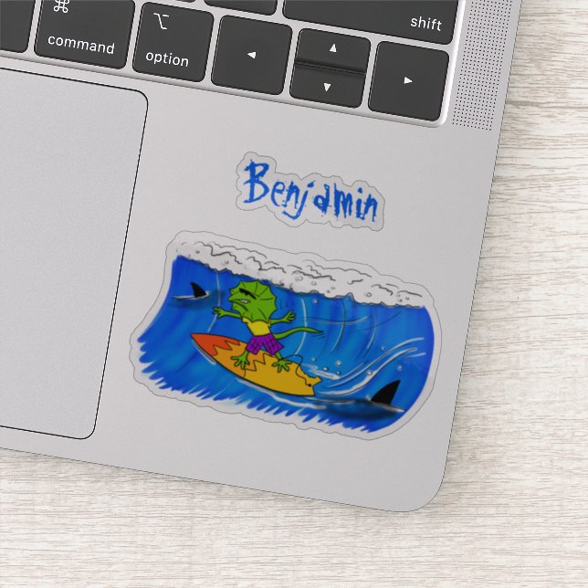 Funny frilled neck lizard surfing cartoon (Detail)