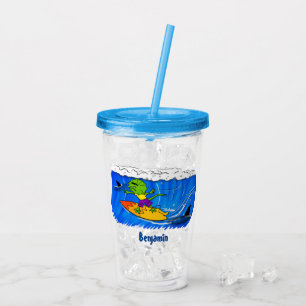 Funny frilled neck lizard surfing cartoon acrylic tumbler