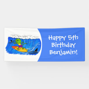 Funny frilled neck lizard surfing cartoon banner