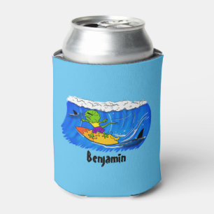 Funny frilled neck lizard surfing cartoon can cooler