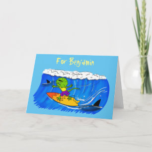 Funny frilled neck lizard surfing cartoon card