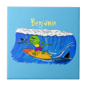 Funny frilled neck lizard surfing cartoon ceramic tile
