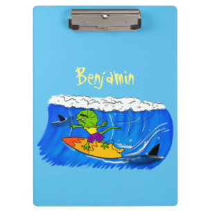 Funny frilled neck lizard surfing cartoon clipboard