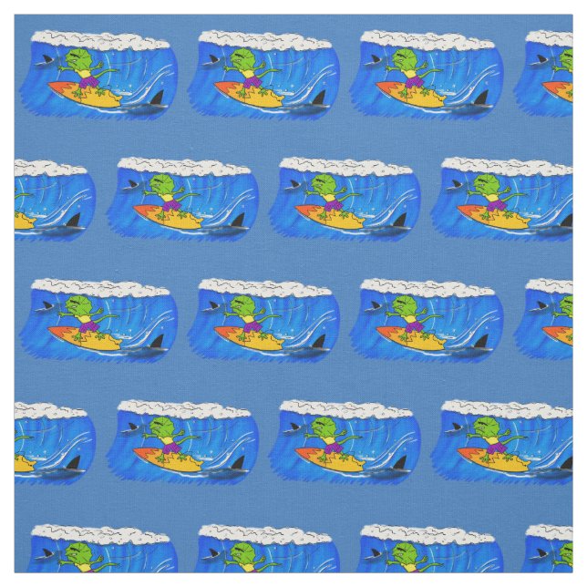 Funny frilled neck lizard surfing cartoon fabric (Swatch)