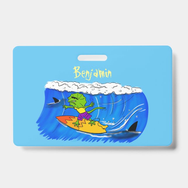 Funny frilled neck lizard surfing cartoon ID badge (Front)