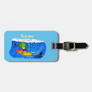 Funny frilled neck lizard surfing cartoon luggage tag