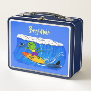 Funny frilled neck lizard surfing cartoon metal lunch box