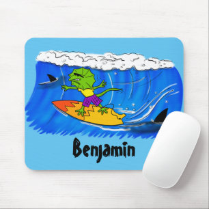 Funny frilled neck lizard surfing cartoon mouse pad