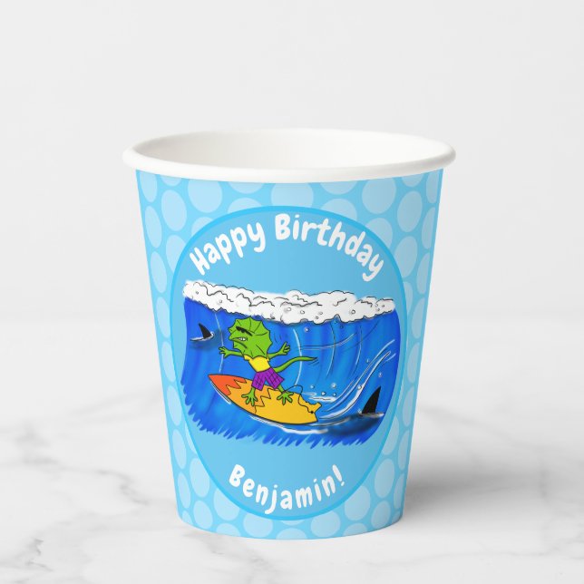 Funny frilled neck lizard surfing cartoon paper cups (Front)