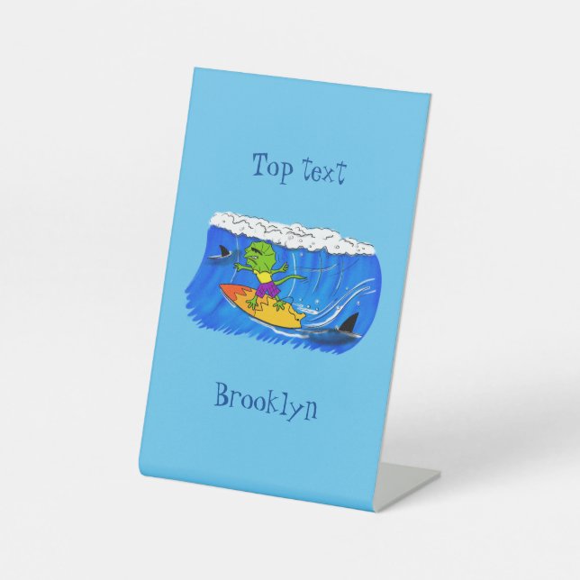 Funny frilled neck lizard surfing cartoon  pedestal sign (Front)