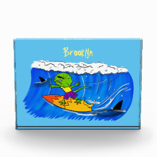 Funny frilled neck lizard surfing cartoon photo block