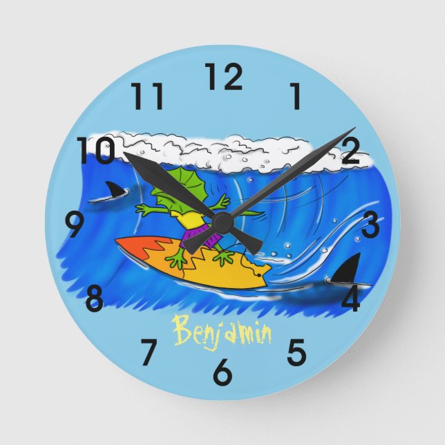 Funny frilled neck lizard surfing cartoon round clock (Front)