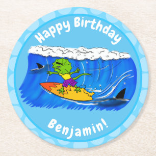 Funny frilled neck lizard surfing cartoon round paper coaster