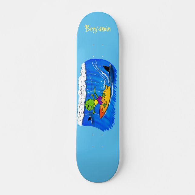 Funny frilled neck lizard surfing cartoon skateboard (Front)
