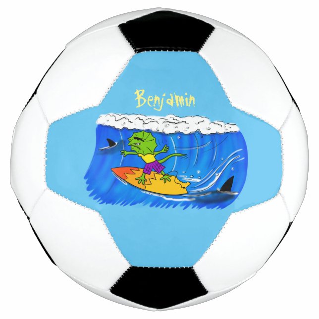 Funny frilled neck lizard surfing cartoon soccer ball (Front)